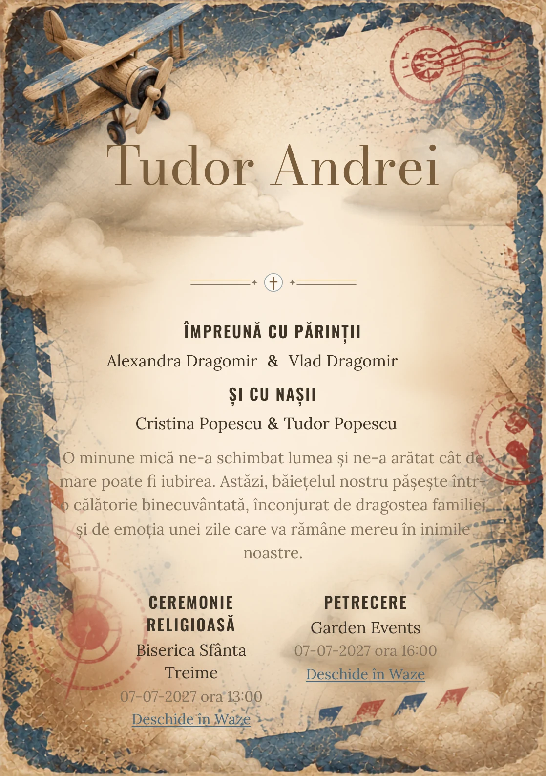 Avion Vintage, pentru o invitație de botez, are ca reper vizual un avion de lemn peste o compoziție; compoziția include ștampile abstracte, nori și margini uzate.