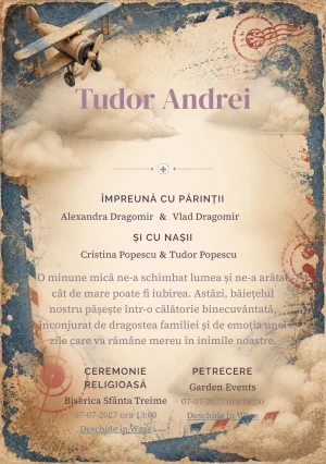 Avion Vintage, pentru o invitație de botez, are ca reper vizual un avion de lemn peste o compoziție; compoziția include ștampile abstracte, nori și margini uzate.