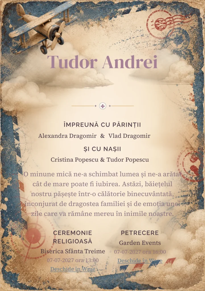 Avion Vintage, pentru o invitație de botez, are ca reper vizual un avion de lemn peste o compoziție; compoziția include ștampile abstracte, nori și margini uzate.