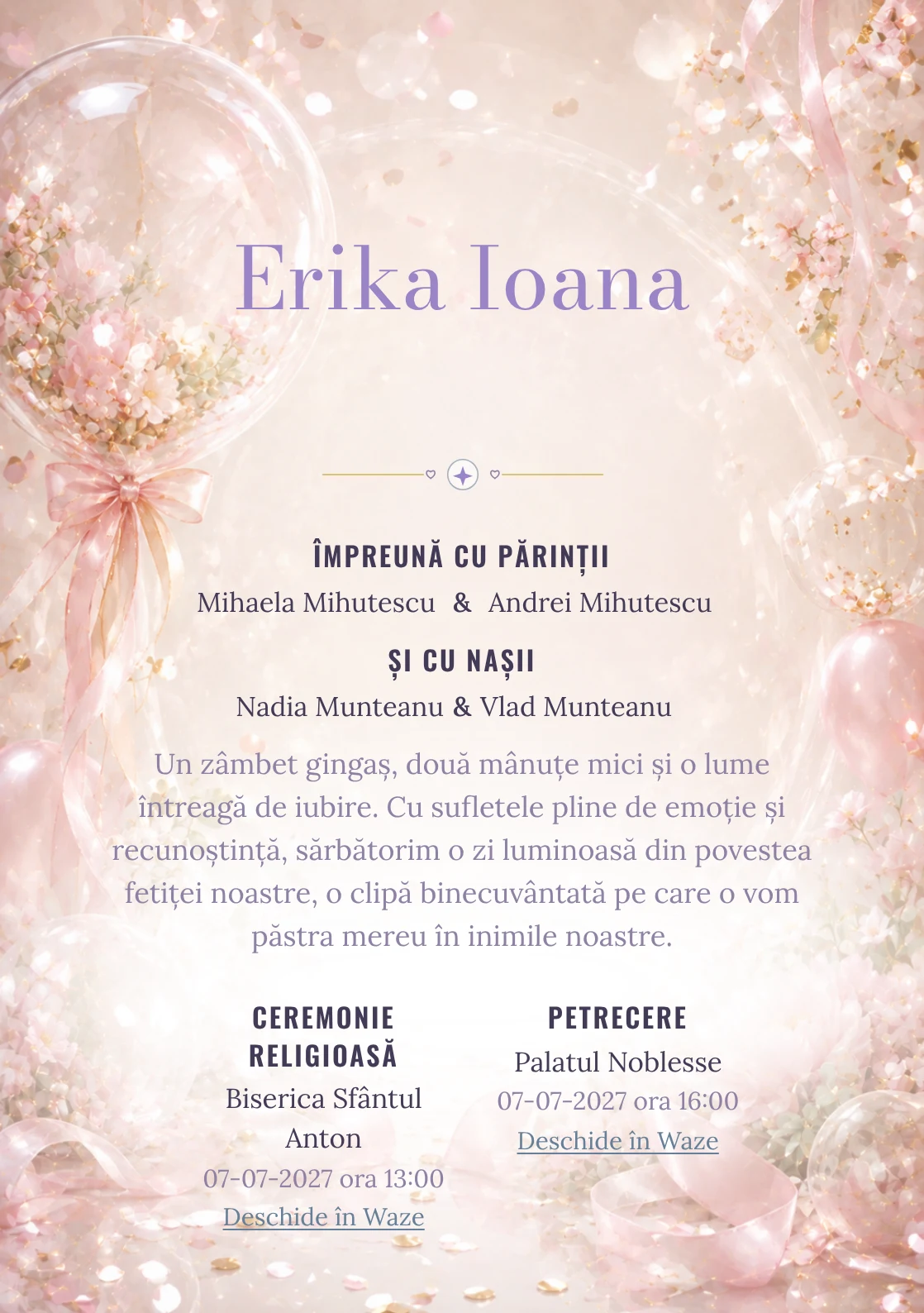 Balon Acrilic, pentru o invitație de botez, are ca reper vizual un balon acrilic transparent cu flori perlate; compoziția include confetti fin, panglici și reflexii moi.