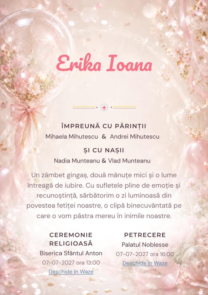 Balon Acrilic, pentru o invitație de botez, are ca reper vizual un balon acrilic transparent cu flori perlate; compoziția include confetti fin, panglici și reflexii moi.