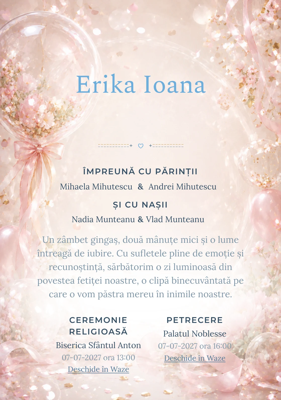 Balon Acrilic, pentru o invitație de botez, are ca reper vizual un balon acrilic transparent cu flori perlate; compoziția include confetti fin, panglici și reflexii moi.