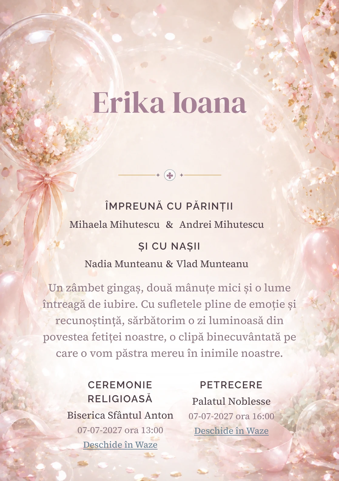 Balon Acrilic, pentru o invitație de botez, are ca reper vizual un balon acrilic transparent cu flori perlate; compoziția include confetti fin, panglici și reflexii moi.