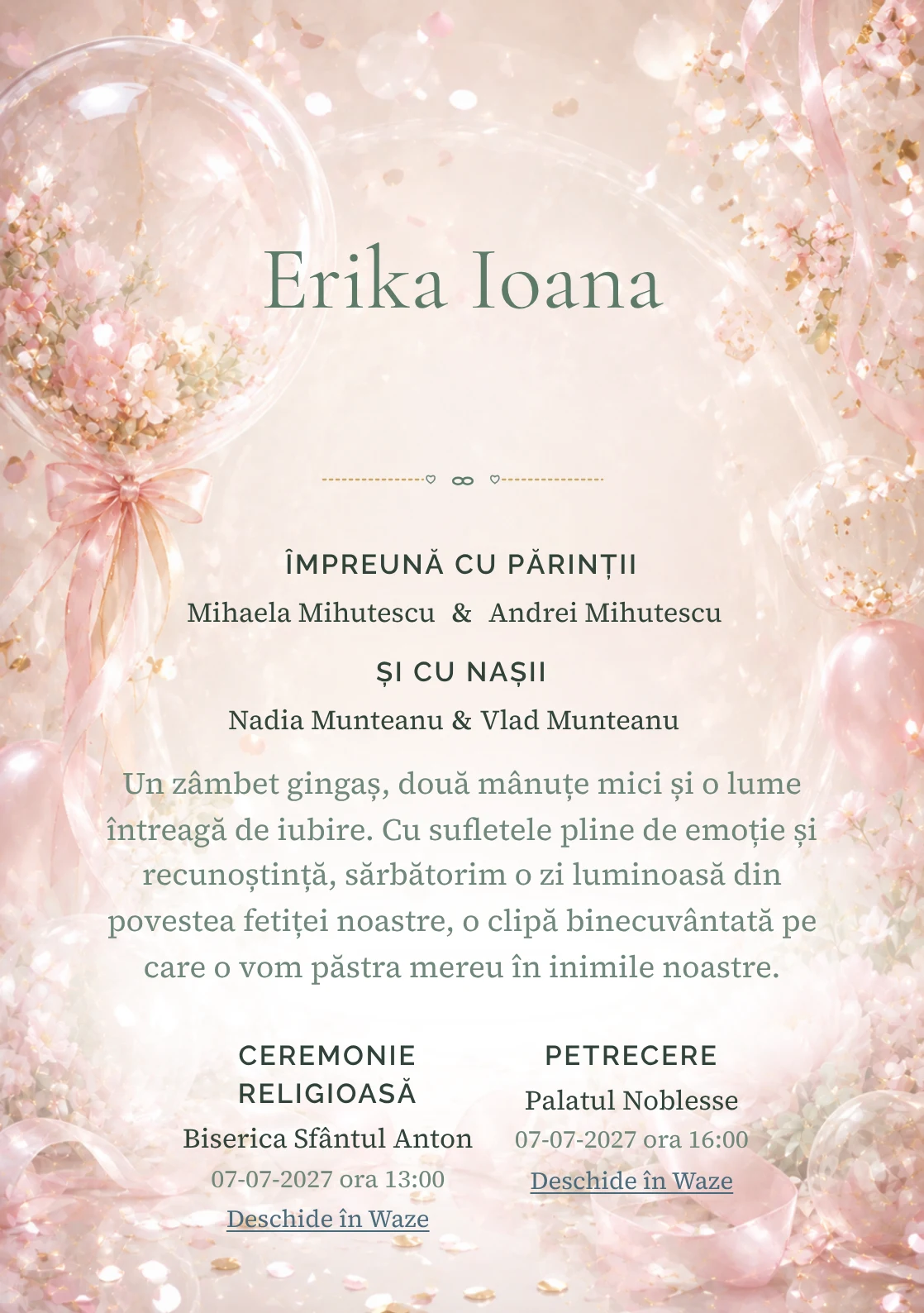 Balon Acrilic, pentru o invitație de botez, are ca reper vizual un balon acrilic transparent cu flori perlate; compoziția include confetti fin, panglici și reflexii moi.