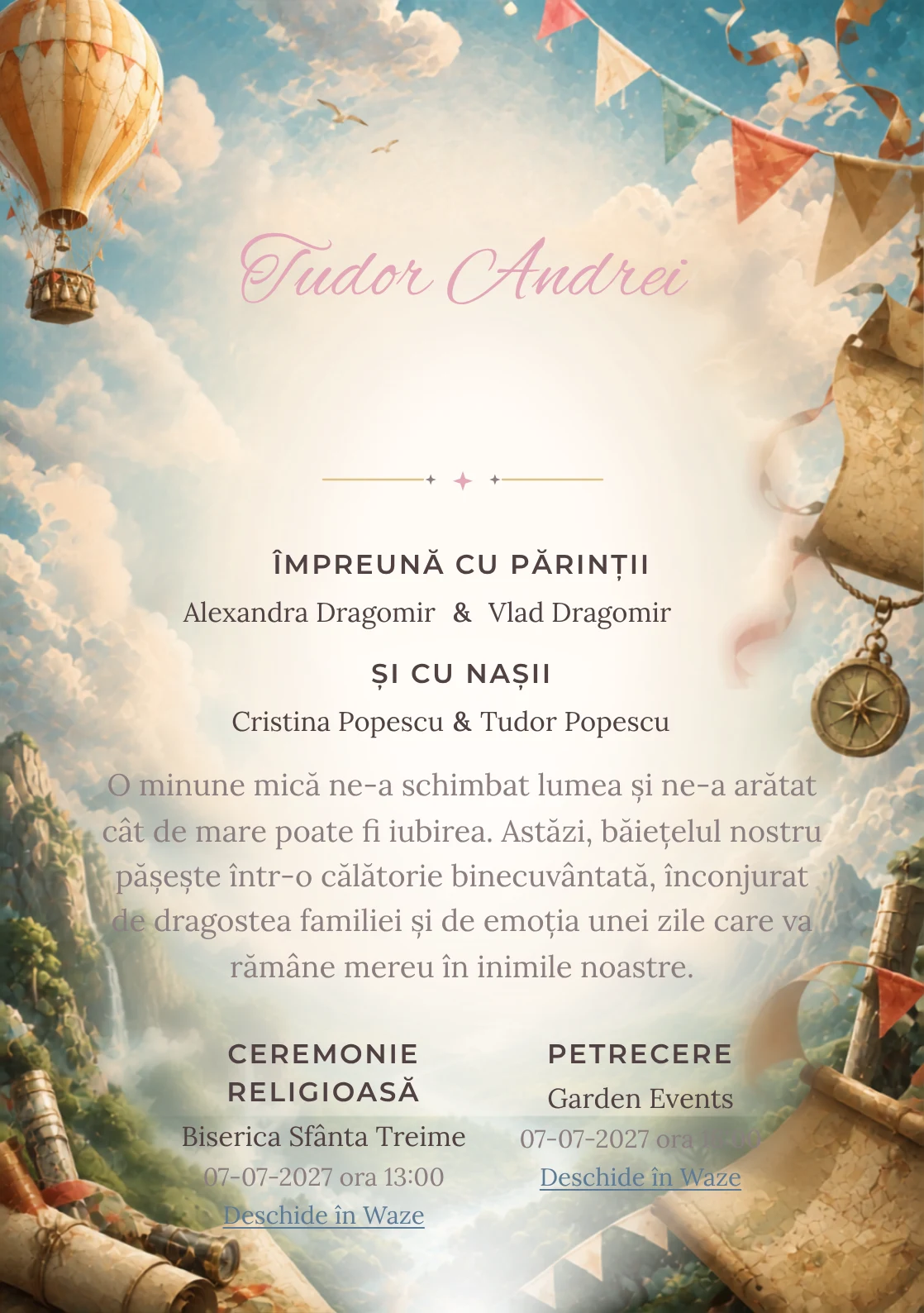 Balonul Explorator, din gama de invitații digitale botez, evidențiază un balon cu aer cald deasupra unei văi, alături de steaguri, păsări și hărți fără text.