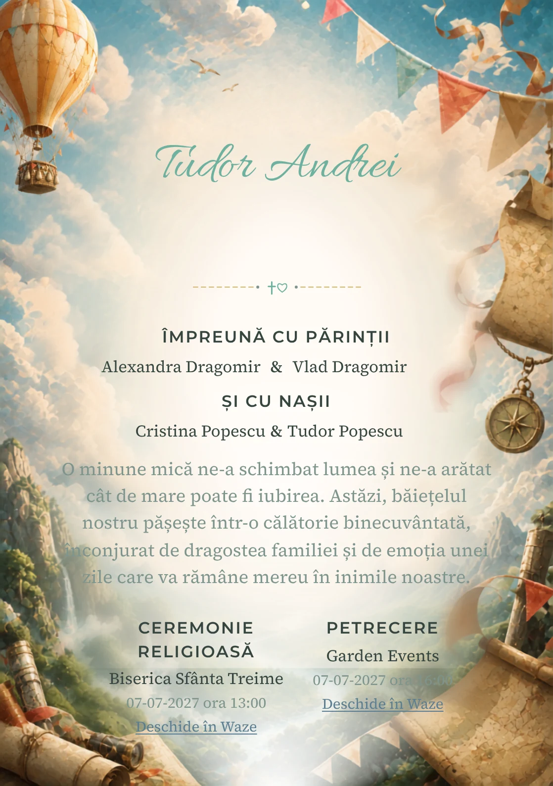Balonul Explorator, din gama de invitații digitale botez, evidențiază un balon cu aer cald deasupra unei văi, alături de steaguri, păsări și hărți fără text.
