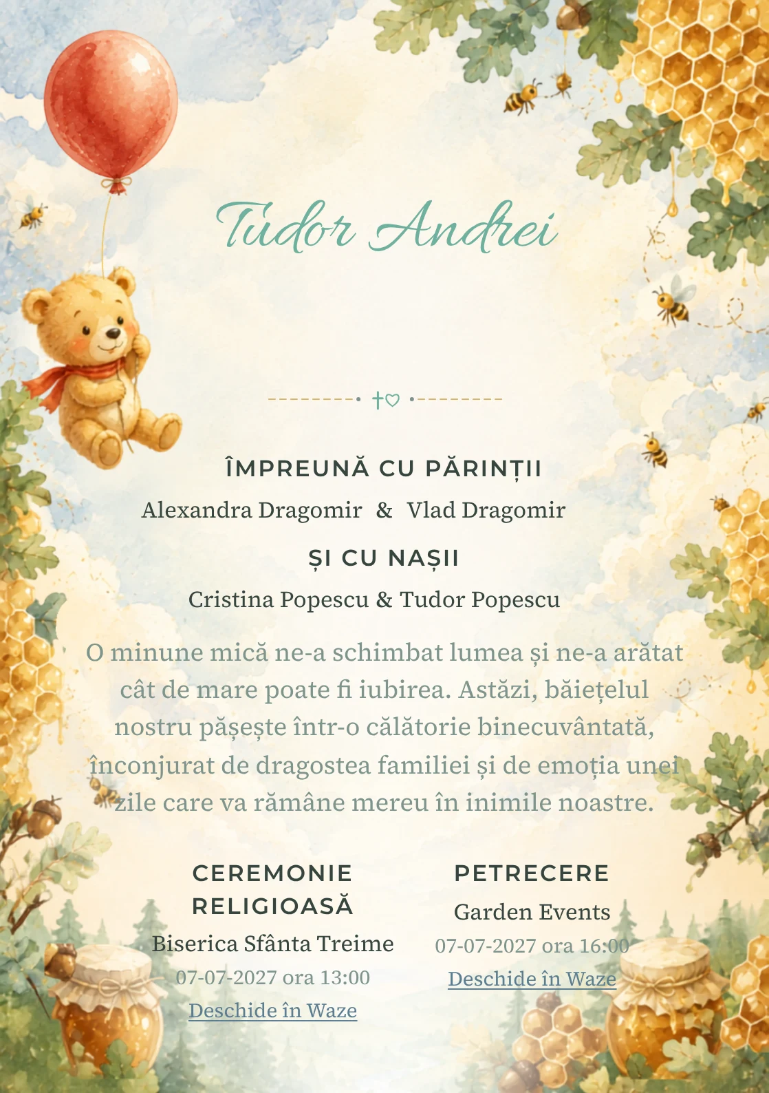 Designul Balonul lui Winnie, din gama de invitații botez, reunește Winnie the Pooh purtat de un balon roșu cu nori, faguri și frunze de stejar.