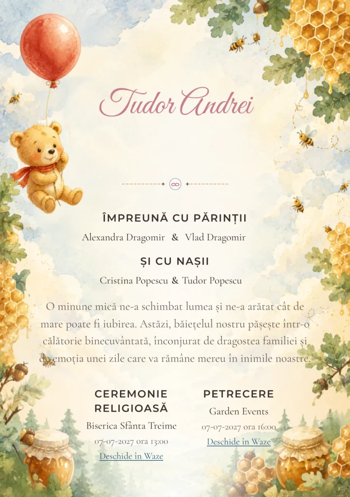 Designul Balonul lui Winnie, din gama de invitații botez, reunește Winnie the Pooh purtat de un balon roșu cu nori, faguri și frunze de stejar.