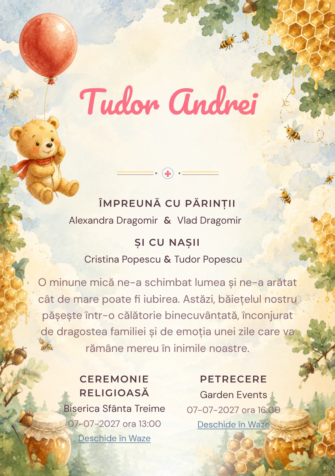 Designul Balonul lui Winnie, din gama de invitații botez, reunește Winnie the Pooh purtat de un balon roșu cu nori, faguri și frunze de stejar.