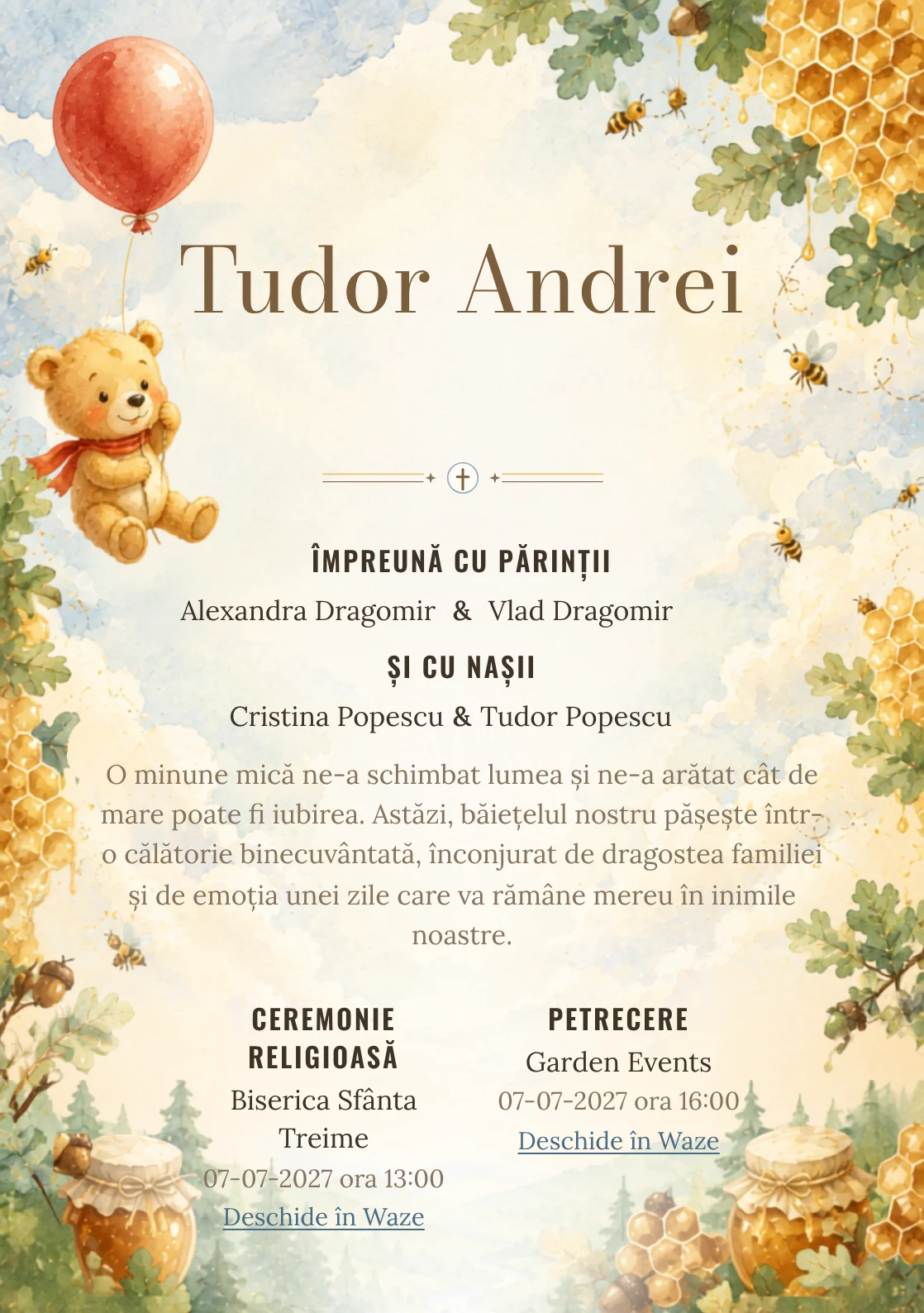 Designul Balonul lui Winnie, din gama de invitații botez, reunește Winnie the Pooh purtat de un balon roșu cu nori, faguri și frunze de stejar.