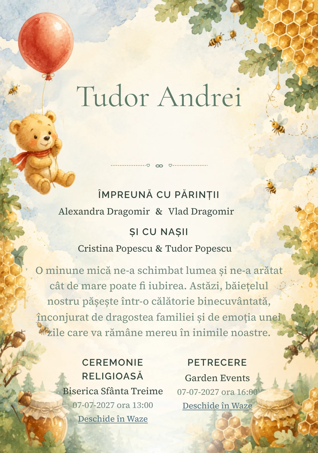 Designul Balonul lui Winnie, din gama de invitații botez, reunește Winnie the Pooh purtat de un balon roșu cu nori, faguri și frunze de stejar.