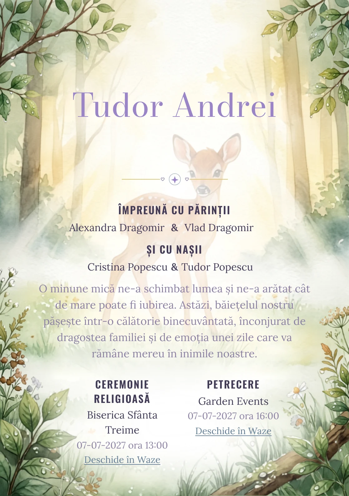 Imaginea Bambi la Răsărit, din gama de invitații digitale botez, pune în valoare Bambi într-o poiană luminată de primele raze, cu rouă și frunze.