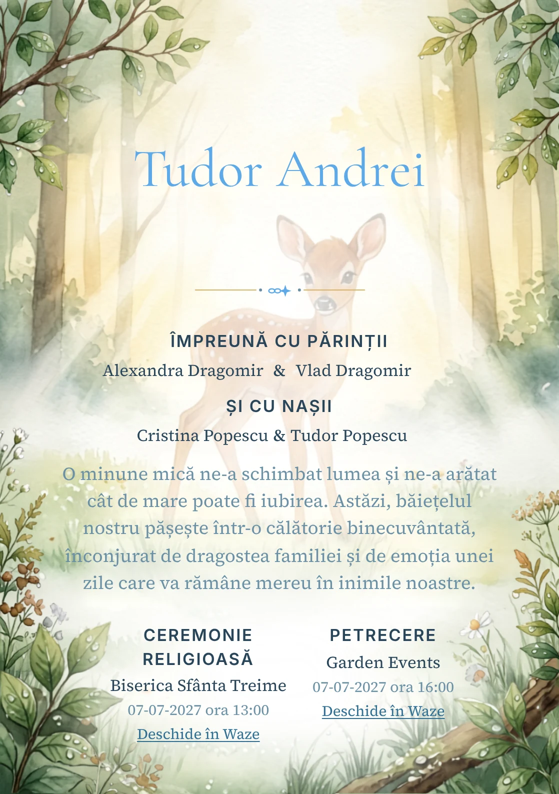 Imaginea Bambi la Răsărit, din gama de invitații digitale botez, pune în valoare Bambi într-o poiană luminată de primele raze, cu rouă și frunze.