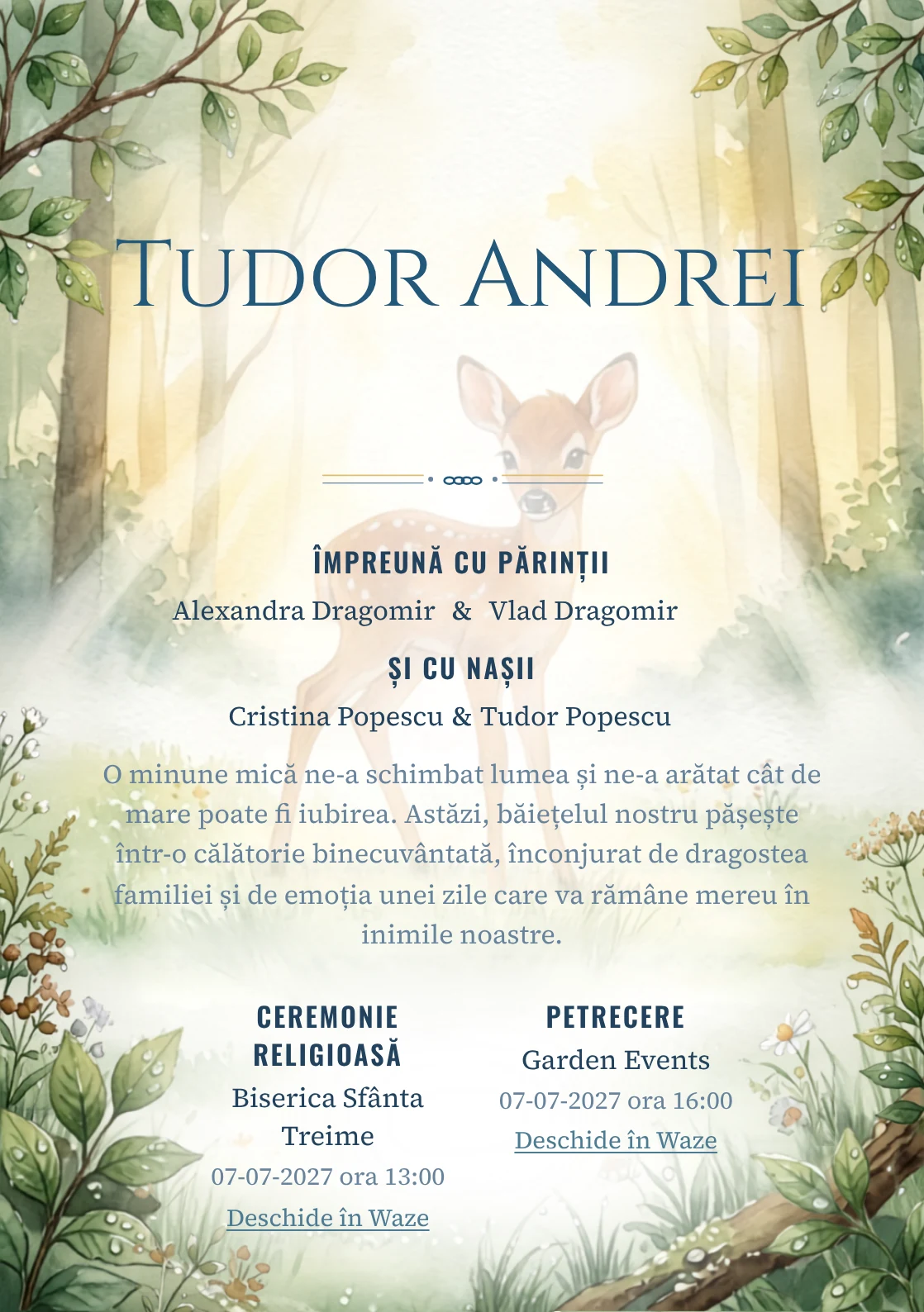 Imaginea Bambi la Răsărit, din gama de invitații digitale botez, pune în valoare Bambi într-o poiană luminată de primele raze, cu rouă și frunze.