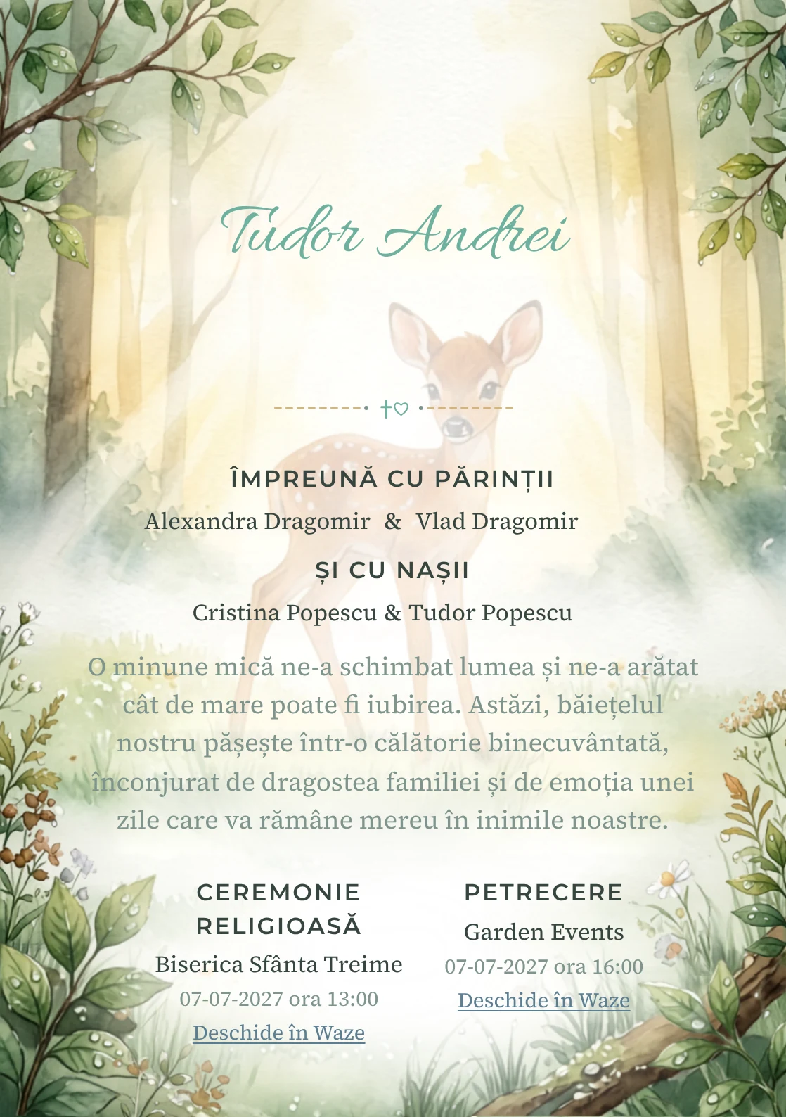 Imaginea Bambi la Răsărit, din gama de invitații digitale botez, pune în valoare Bambi într-o poiană luminată de primele raze, cu rouă și frunze.