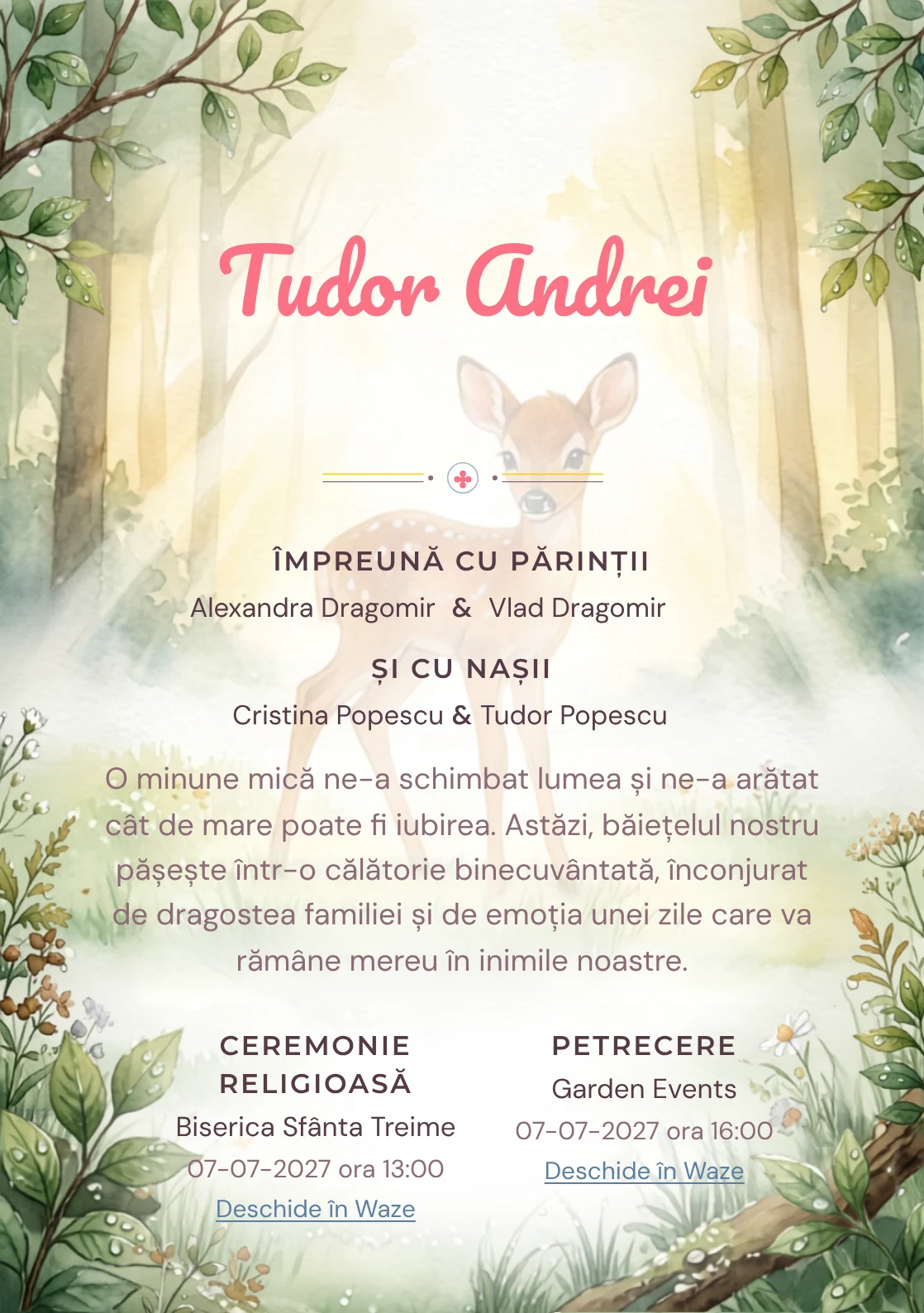 Imaginea Bambi la Răsărit, din gama de invitații digitale botez, pune în valoare Bambi într-o poiană luminată de primele raze, cu rouă și frunze.