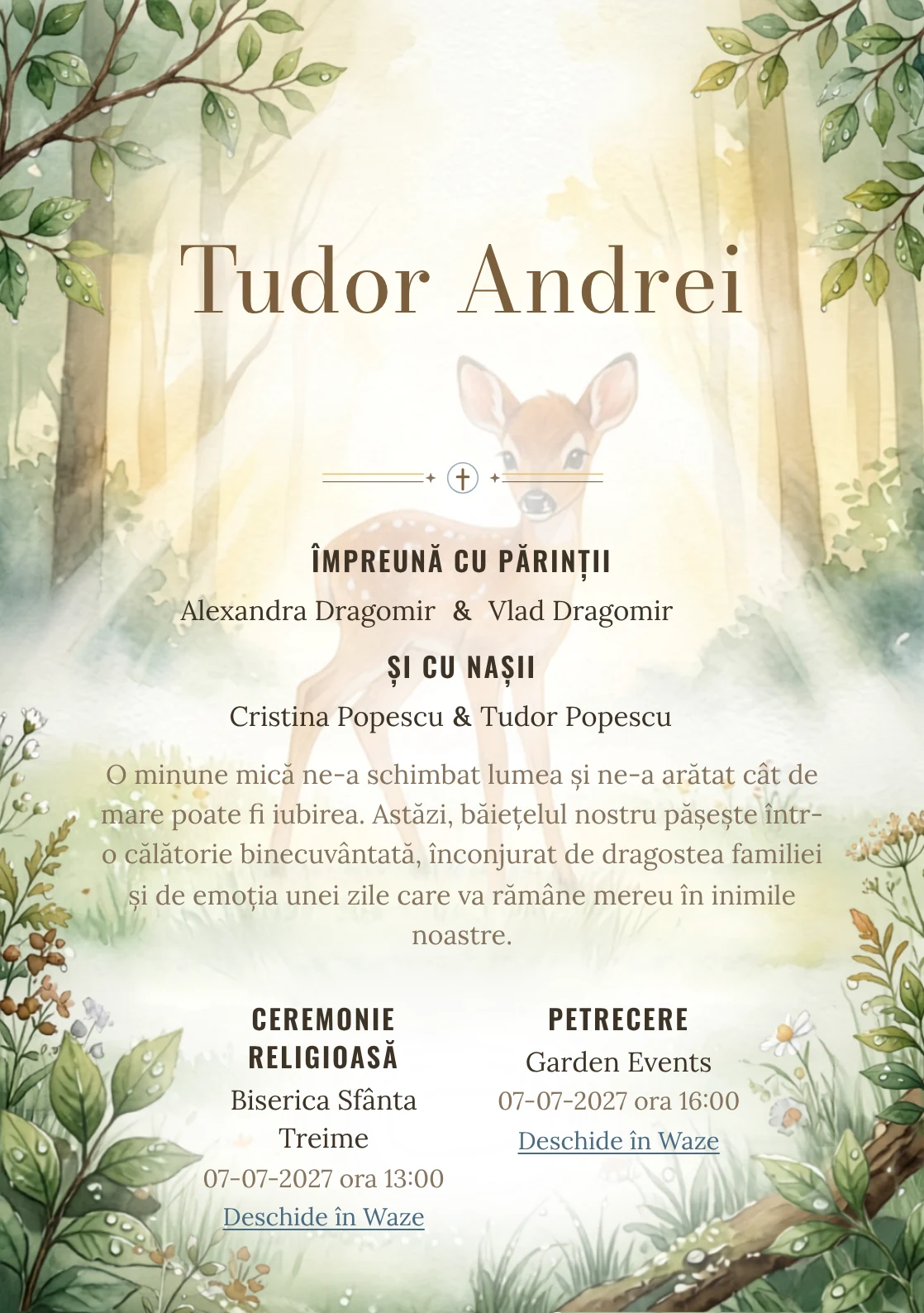 Imaginea Bambi la Răsărit, din gama de invitații digitale botez, pune în valoare Bambi într-o poiană luminată de primele raze, cu rouă și frunze.