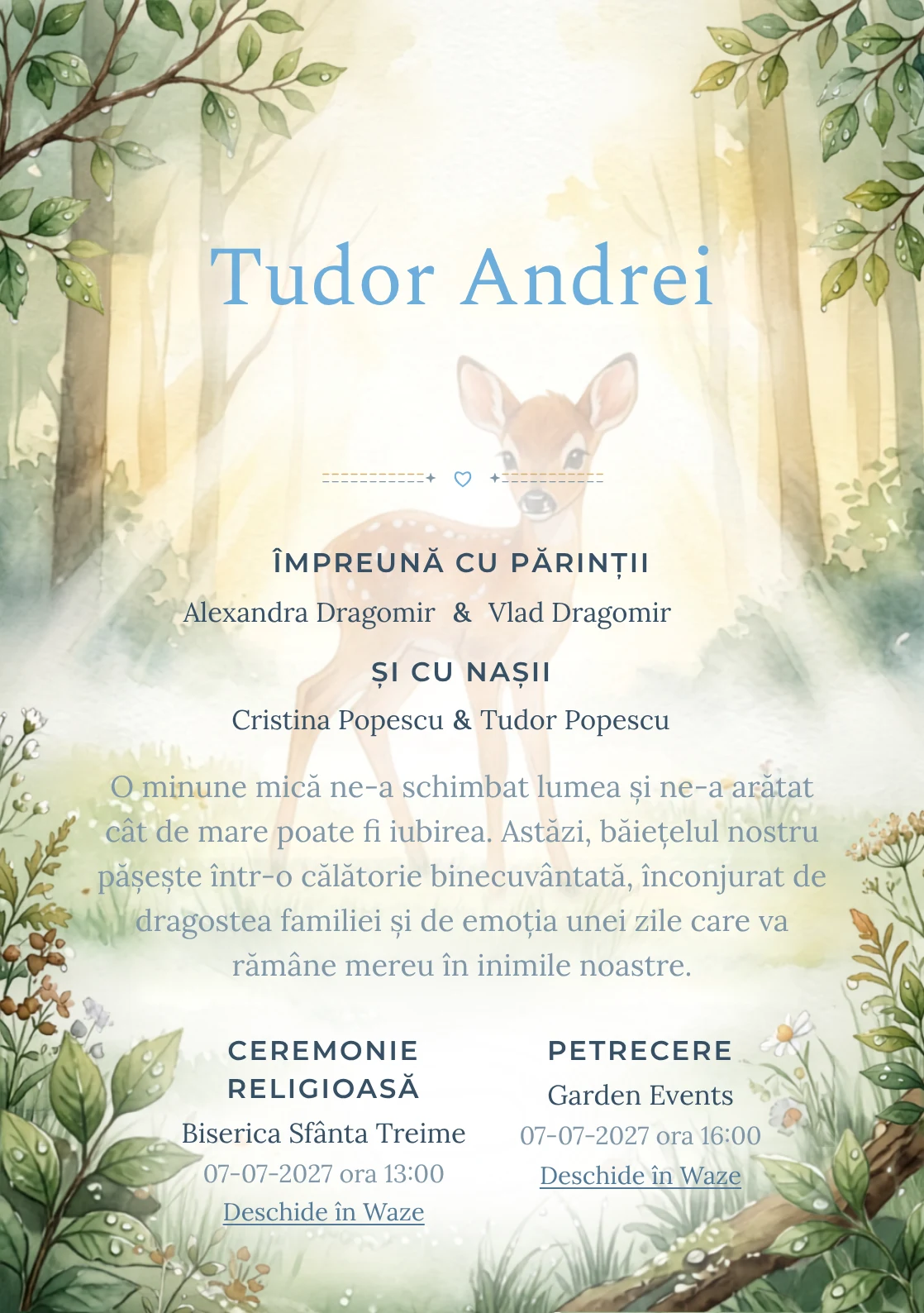 Imaginea Bambi la Răsărit, din gama de invitații digitale botez, pune în valoare Bambi într-o poiană luminată de primele raze, cu rouă și frunze.