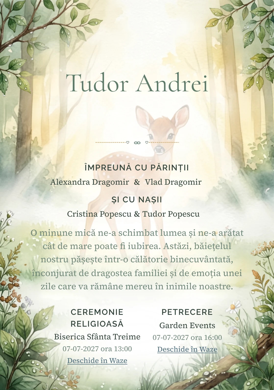 Imaginea Bambi la Răsărit, din gama de invitații digitale botez, pune în valoare Bambi într-o poiană luminată de primele raze, cu rouă și frunze.