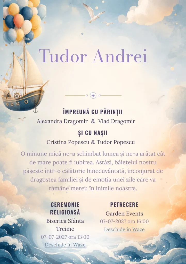 Imaginea Barca cu Baloane, pentru invitații digitale, pune în valoare o barcă cu pânze ridicată de baloane, cu nori, pescăruși și valuri moi.