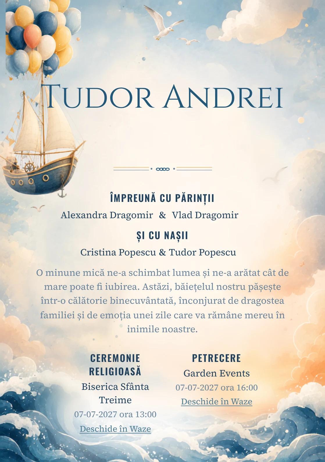 Imaginea Barca cu Baloane, pentru invitații digitale, pune în valoare o barcă cu pânze ridicată de baloane, cu nori, pescăruși și valuri moi.