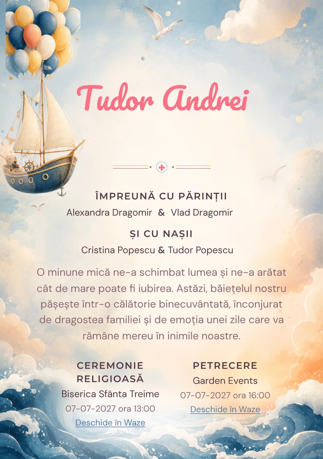 Imaginea Barca cu Baloane, pentru invitații digitale, pune în valoare o barcă cu pânze ridicată de baloane, cu nori, pescăruși și valuri moi.