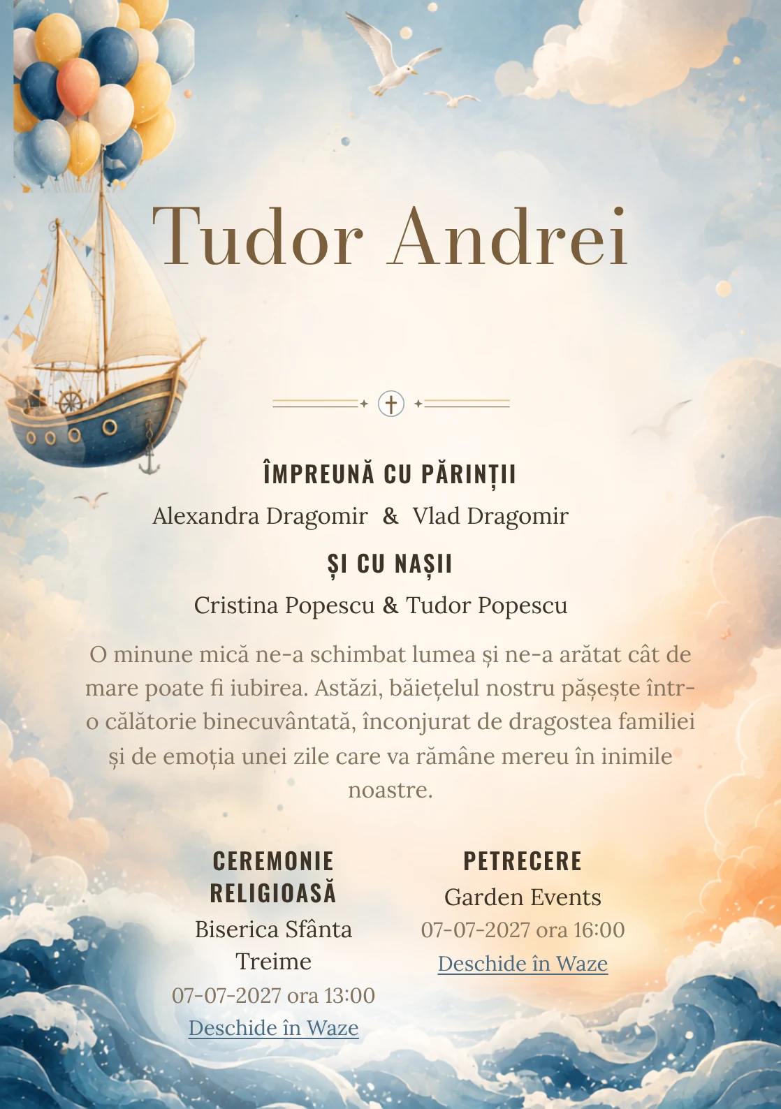 Imaginea Barca cu Baloane, pentru invitații digitale, pune în valoare o barcă cu pânze ridicată de baloane, cu nori, pescăruși și valuri moi.
