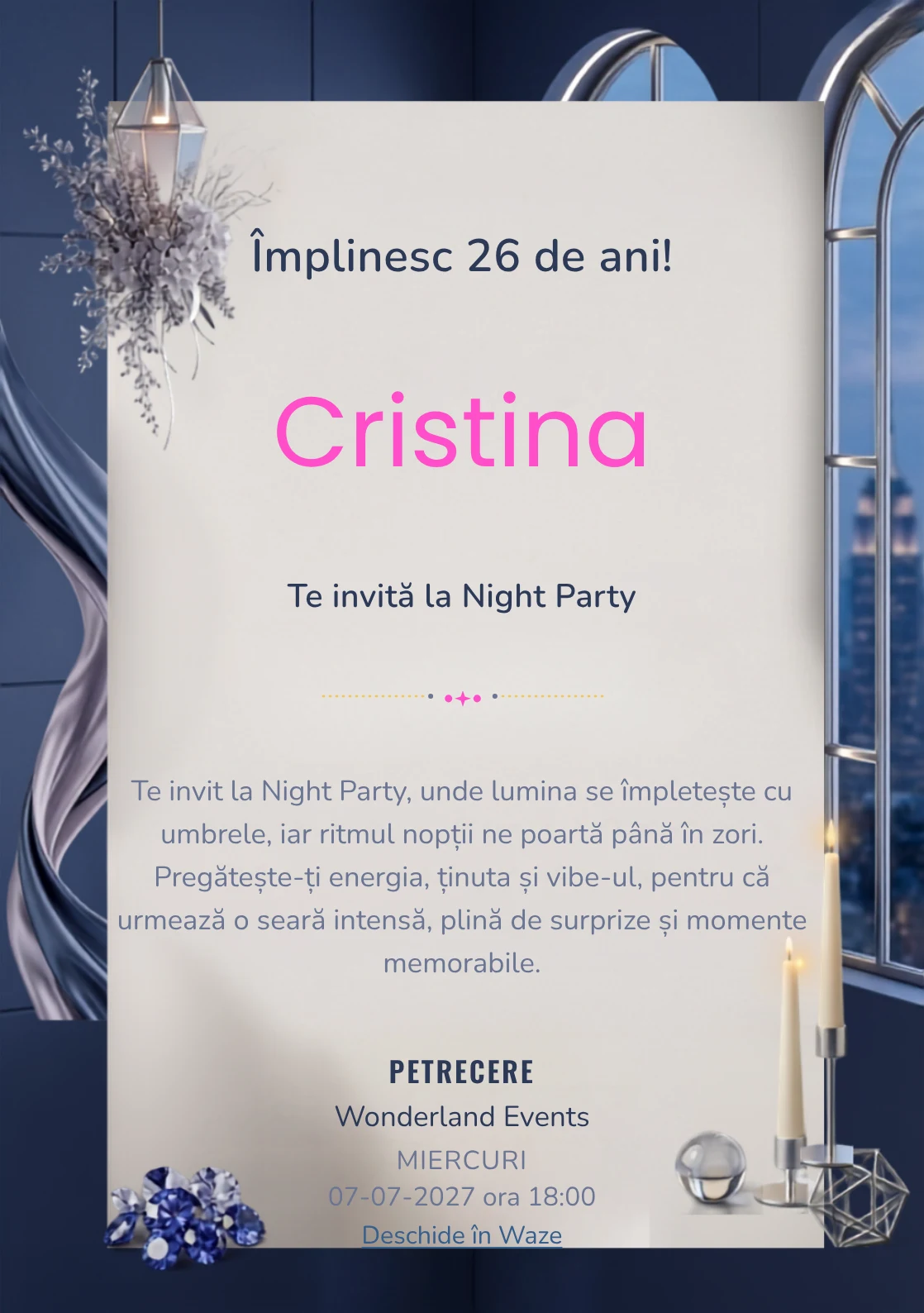 Modelul Blue Hour Reception, invitație digitală pentru ziua de naștere a adulților, pune în valoare ferestre înalte și lumini liniare discrete.