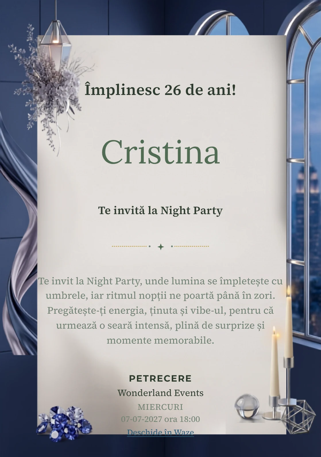 Modelul Blue Hour Reception, invitație digitală pentru ziua de naștere a adulților, pune în valoare ferestre înalte și lumini liniare discrete.
