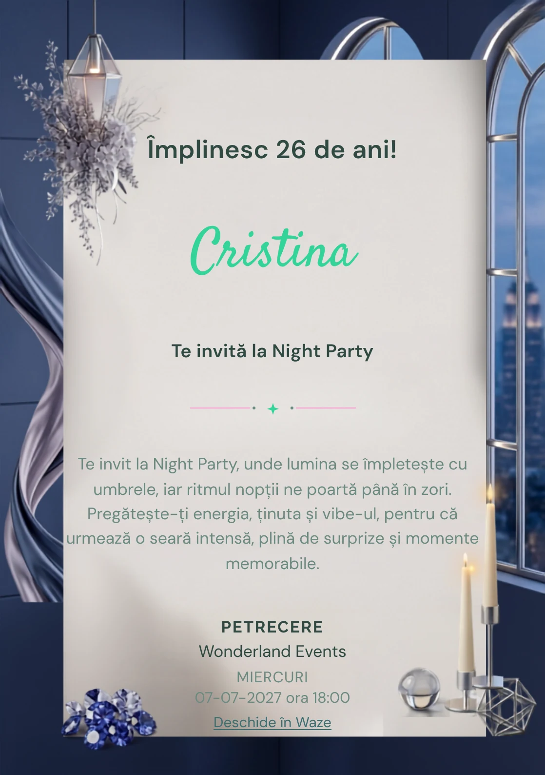 Modelul Blue Hour Reception, invitație digitală pentru ziua de naștere a adulților, pune în valoare ferestre înalte și lumini liniare discrete.