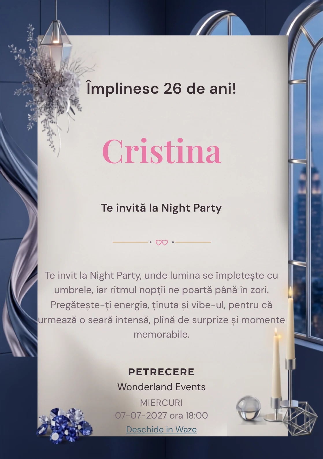 Modelul Blue Hour Reception, invitație digitală pentru ziua de naștere a adulților, pune în valoare ferestre înalte și lumini liniare discrete.