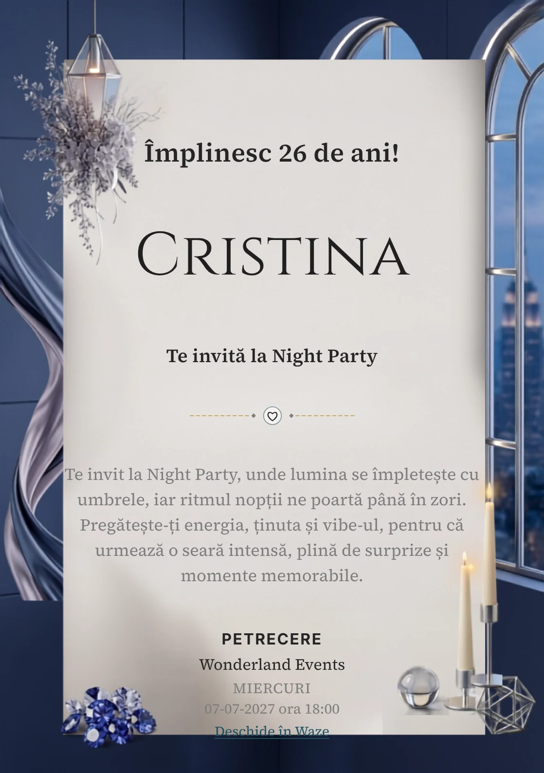 Modelul Blue Hour Reception, invitație digitală pentru ziua de naștere a adulților, pune în valoare ferestre înalte și lumini liniare discrete.