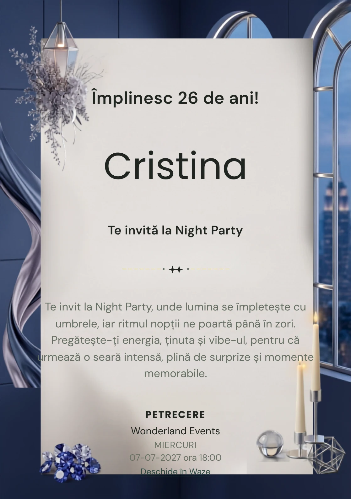 Modelul Blue Hour Reception, invitație digitală pentru ziua de naștere a adulților, pune în valoare ferestre înalte și lumini liniare discrete.