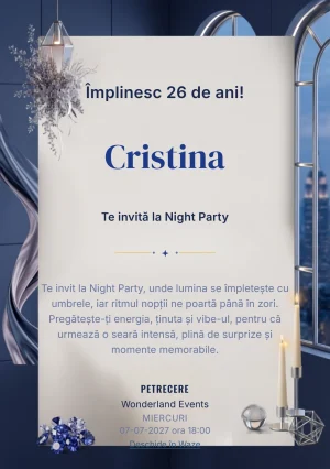 Modelul Blue Hour Reception, invitație digitală pentru ziua de naștere a adulților, pune în valoare ferestre înalte și lumini liniare discrete.