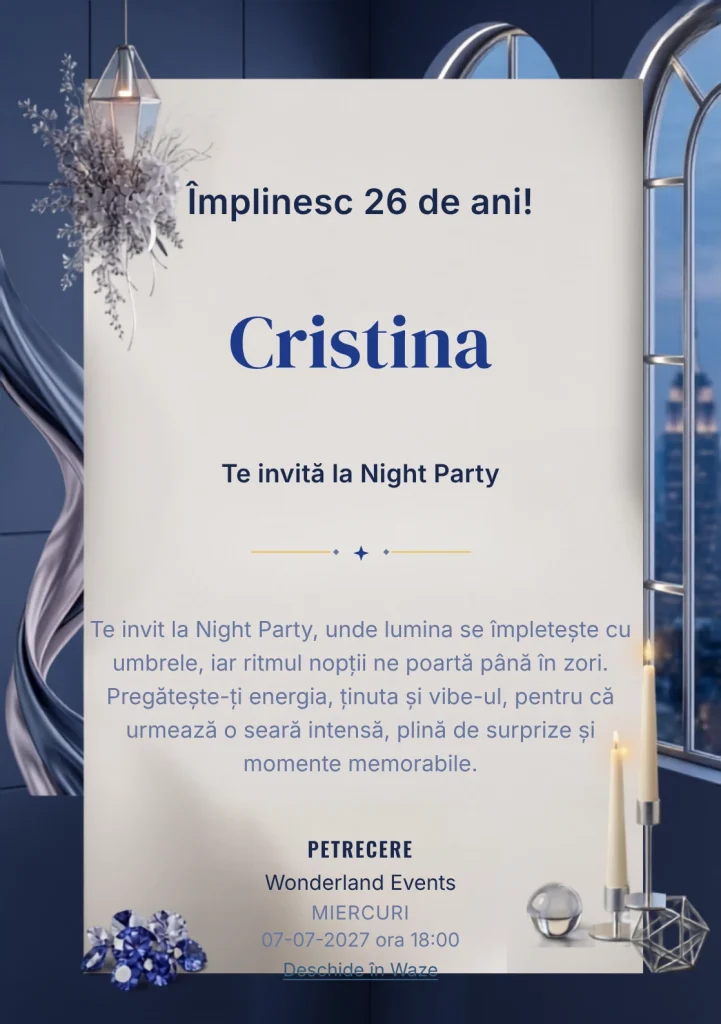 Modelul Blue Hour Reception, invitație digitală pentru ziua de naștere a adulților, pune în valoare ferestre înalte și lumini liniare discrete.