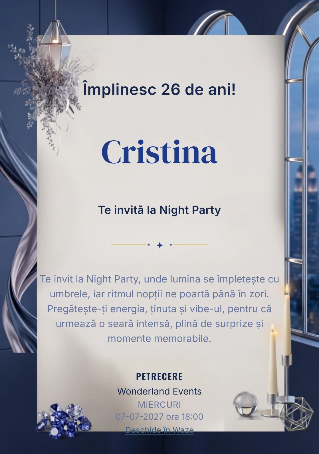 Modelul Blue Hour Reception, invitație digitală pentru ziua de naștere a adulților, pune în valoare ferestre înalte și lumini liniare discrete.