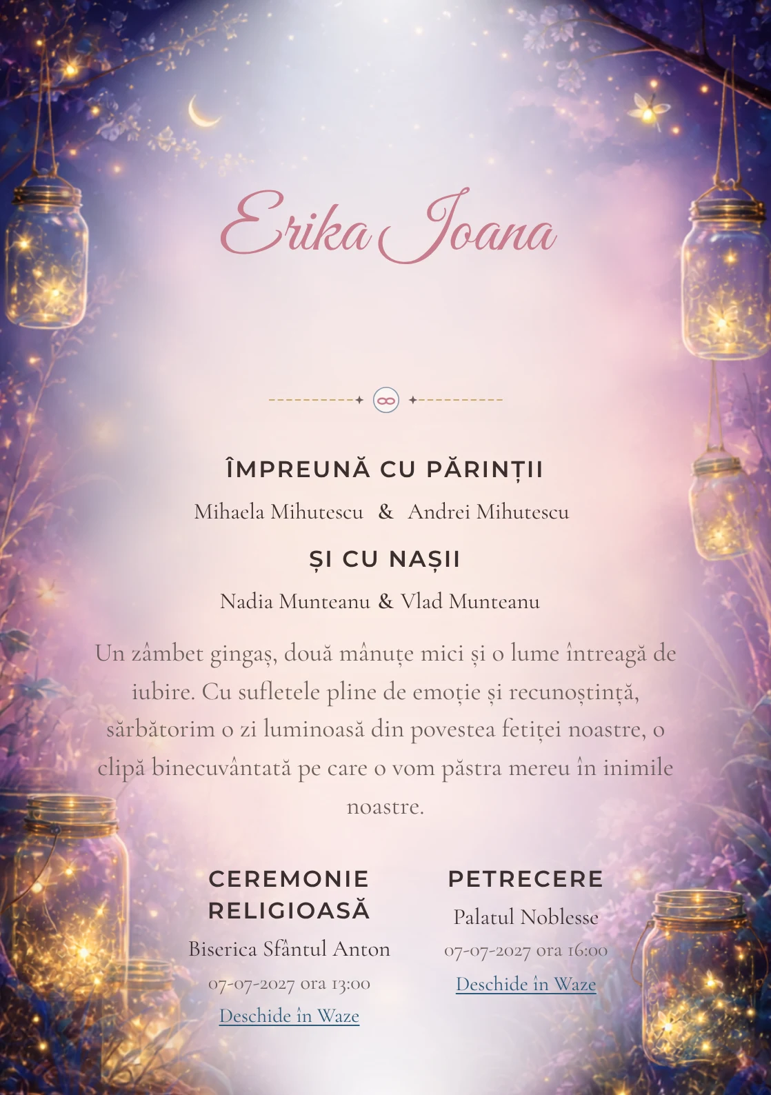 Borcane cu Licurici, design pentru invitații digitale, prezintă borcane transparente cu licurici plutitori, alături de ierburi de noapte.
