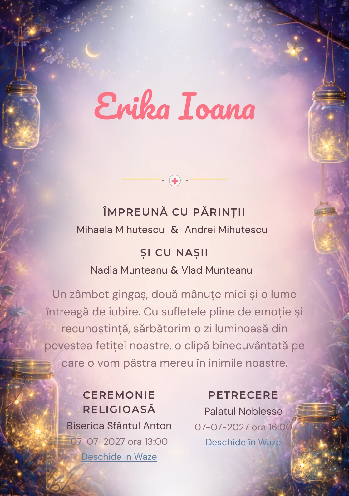 Borcane cu Licurici, design pentru invitații digitale, prezintă borcane transparente cu licurici plutitori, alături de ierburi de noapte.