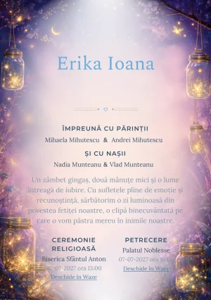 Borcane cu Licurici, design pentru invitații digitale, prezintă borcane transparente cu licurici plutitori, alături de ierburi de noapte.