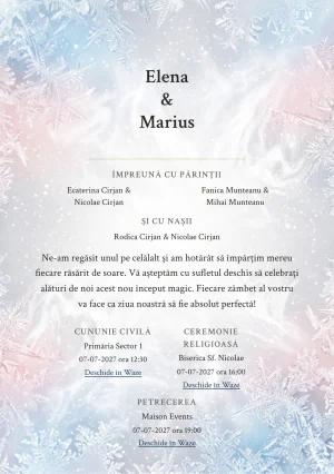Designul Brumă de Iarnă, în colecția de invitații nuntă, combină cristale fine de brumă pe margini cu o cromatică de alb brumă, gri perlat și bleu gheață.