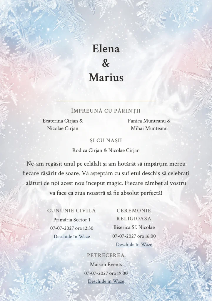 Designul Brumă de Iarnă, în colecția de invitații nuntă, combină cristale fine de brumă pe margini cu o cromatică de alb brumă, gri perlat și bleu gheață.