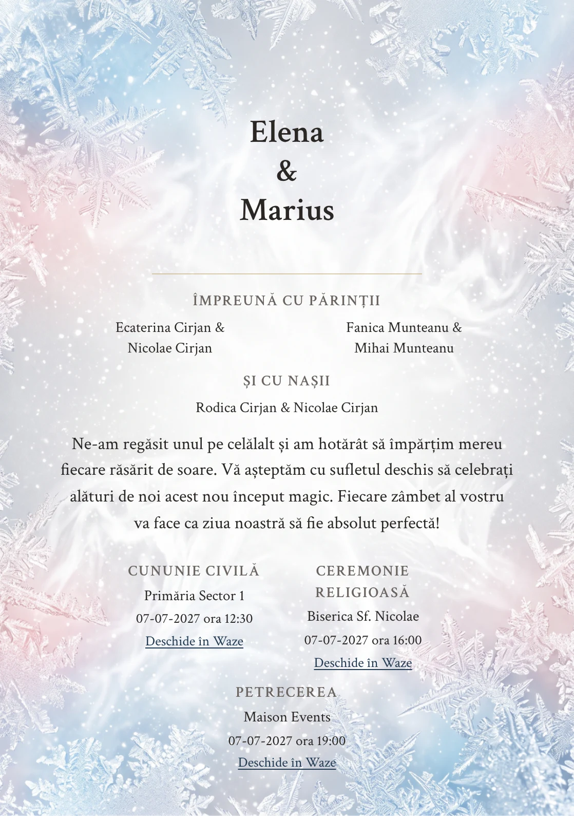 Designul Brumă de Iarnă, în colecția de invitații nuntă, combină cristale fine de brumă pe margini cu o cromatică de alb brumă, gri perlat și bleu gheață.