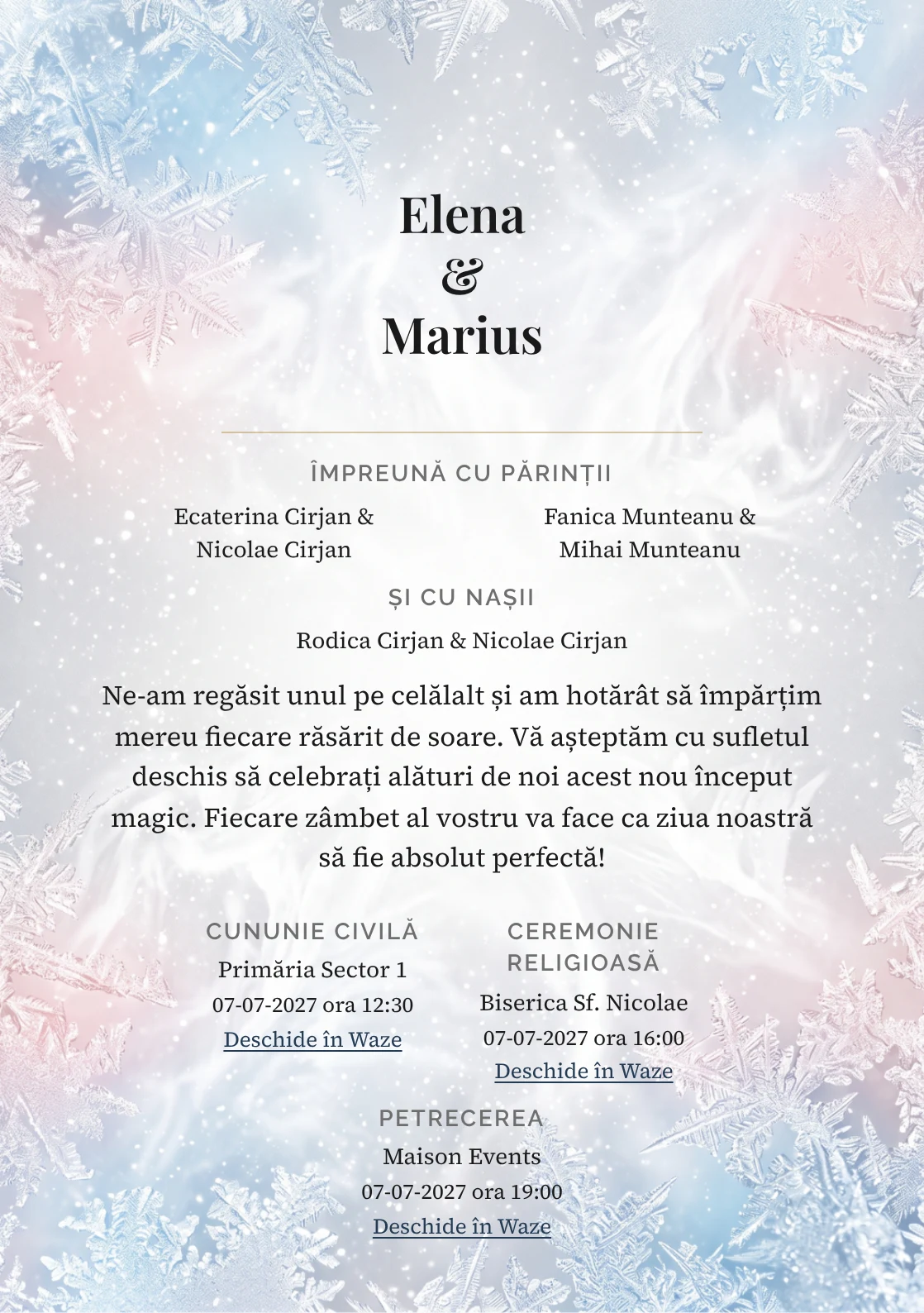 Designul Brumă de Iarnă, în colecția de invitații nuntă, combină cristale fine de brumă pe margini cu o cromatică de alb brumă, gri perlat și bleu gheață.