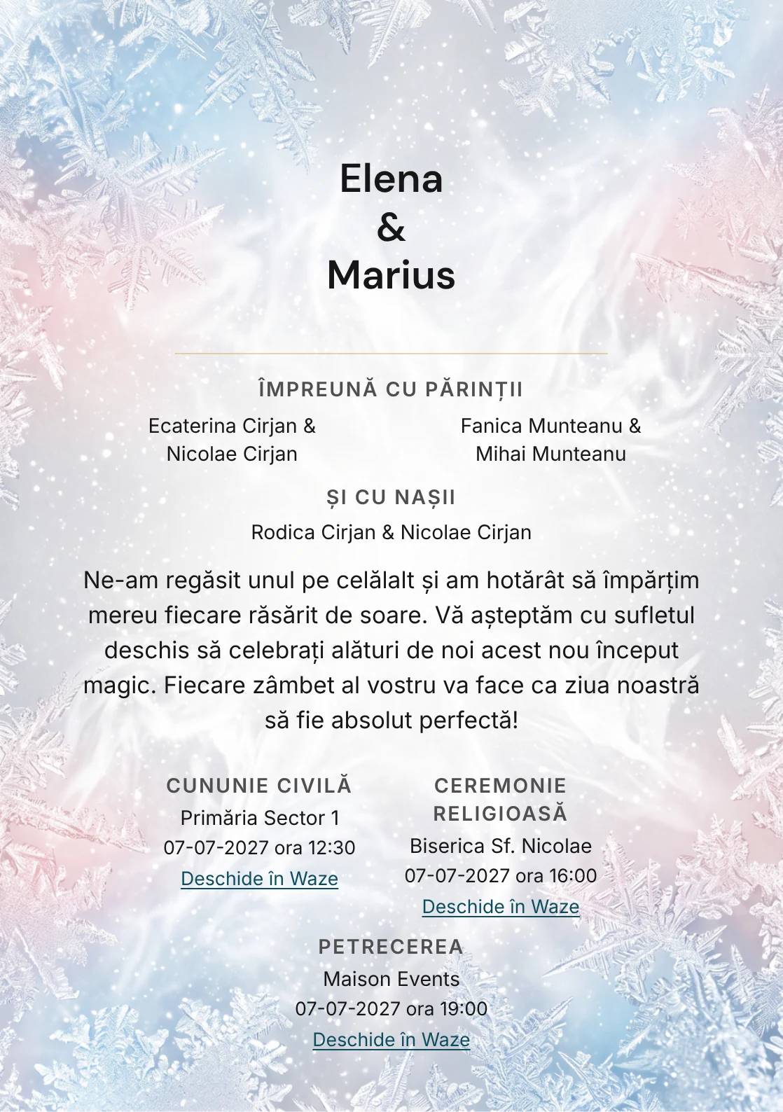 Designul Brumă de Iarnă, în colecția de invitații nuntă, combină cristale fine de brumă pe margini cu o cromatică de alb brumă, gri perlat și bleu gheață.