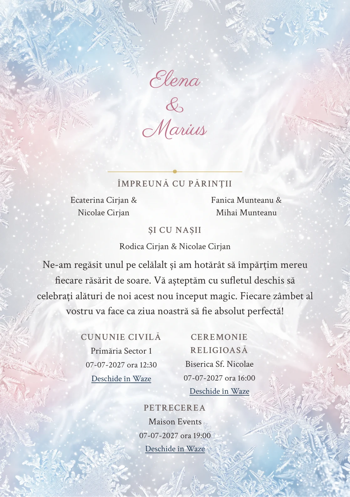 Designul Brumă de Iarnă, în colecția de invitații nuntă, combină cristale fine de brumă pe margini cu o cromatică de alb brumă, gri perlat și bleu gheață.