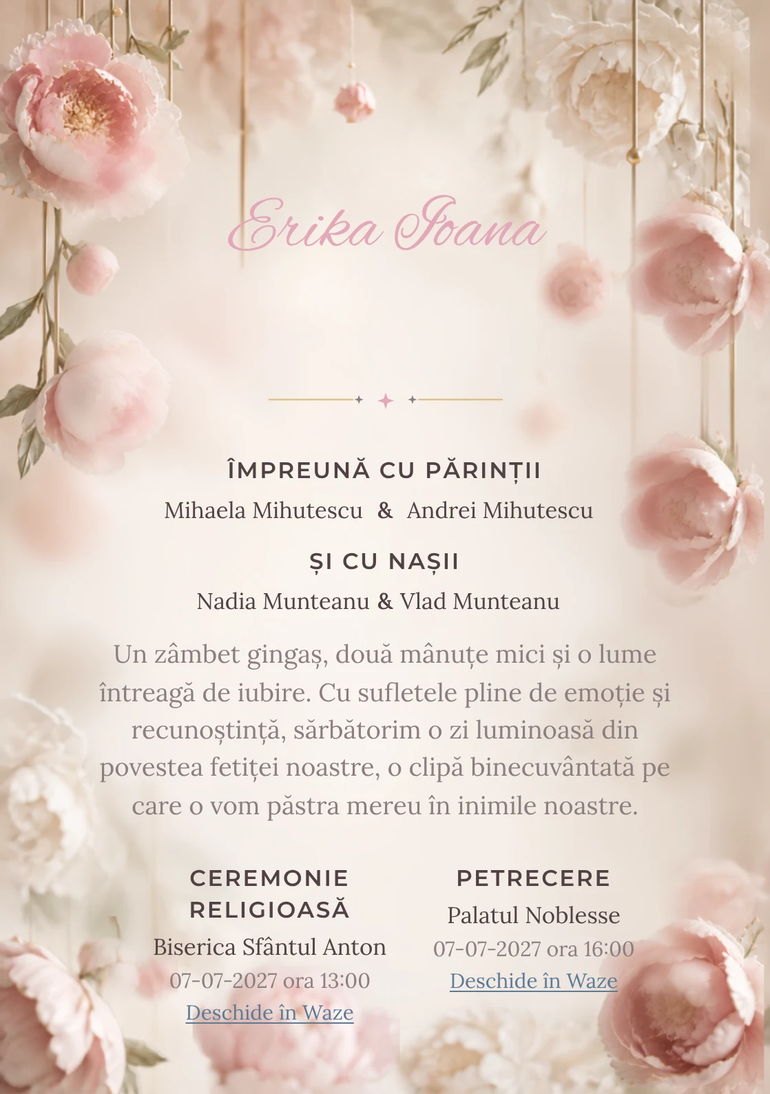 Bujori Ceramici propune, din gama de invitații botez fetiță, bujori mari modelați în ceramică suspendată și tije mate, fire invizibile și umbre moi.