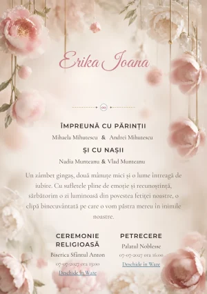 Bujori Ceramici propune, din gama de invitații botez fetiță, bujori mari modelați în ceramică suspendată și tije mate, fire invizibile și umbre moi.