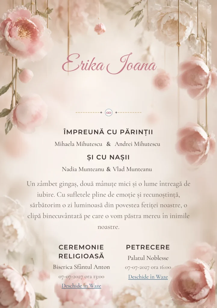 Bujori Ceramici propune, din gama de invitații botez fetiță, bujori mari modelați în ceramică suspendată și tije mate, fire invizibile și umbre moi.