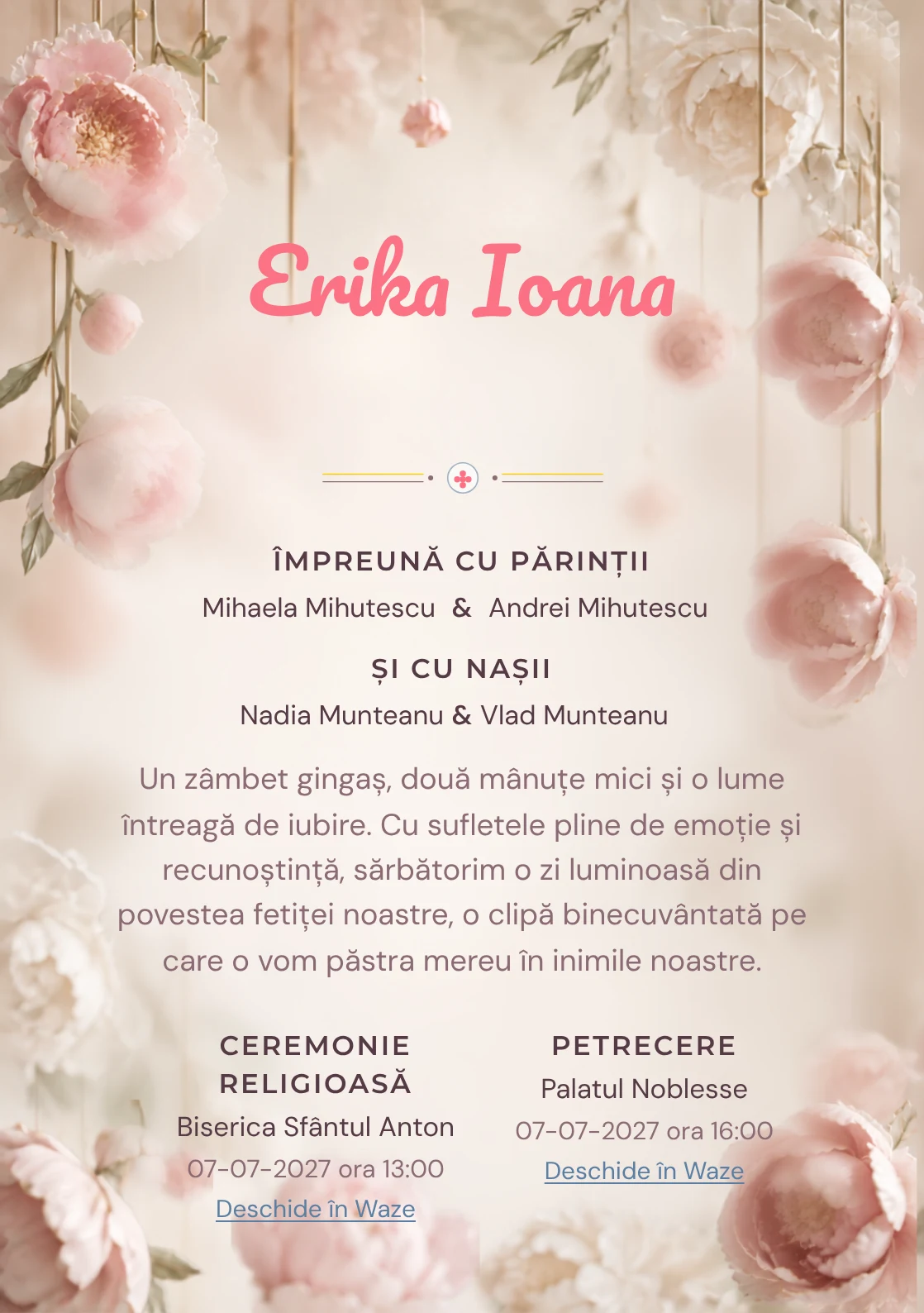 Bujori Ceramici propune, din gama de invitații botez fetiță, bujori mari modelați în ceramică suspendată și tije mate, fire invizibile și umbre moi.