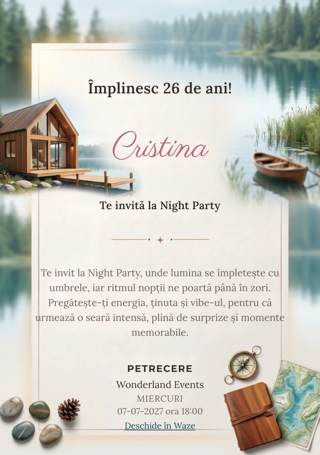 Modelul Cabana de pe Lac, invitație digitală pentru ziua de naștere a adulților, pune în valoare o cabană și un ponton simplu.